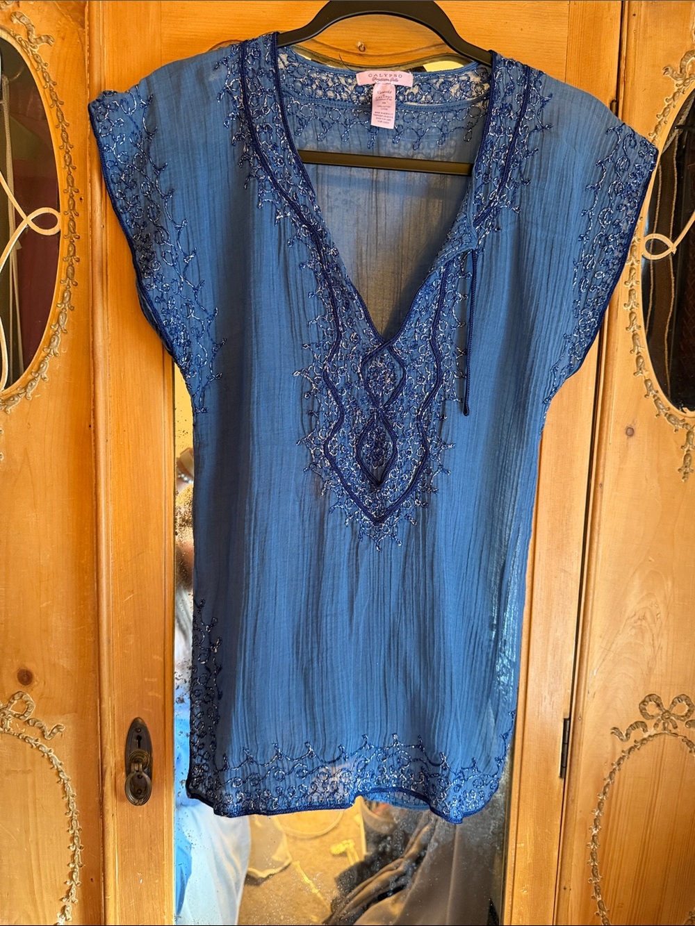 Calypso St. Barth Beaded Navy Blue V-Neck Tunic